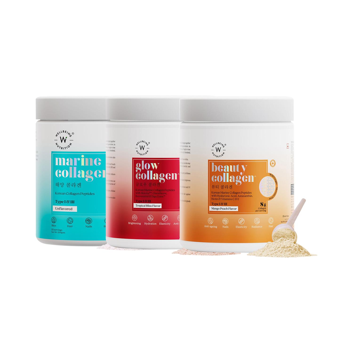Wellbeing Nutrition | Wellbeing Nutrition Pure Marine, Glow Tropical Bliss, Beauty  Mango Peach Collagen Combo