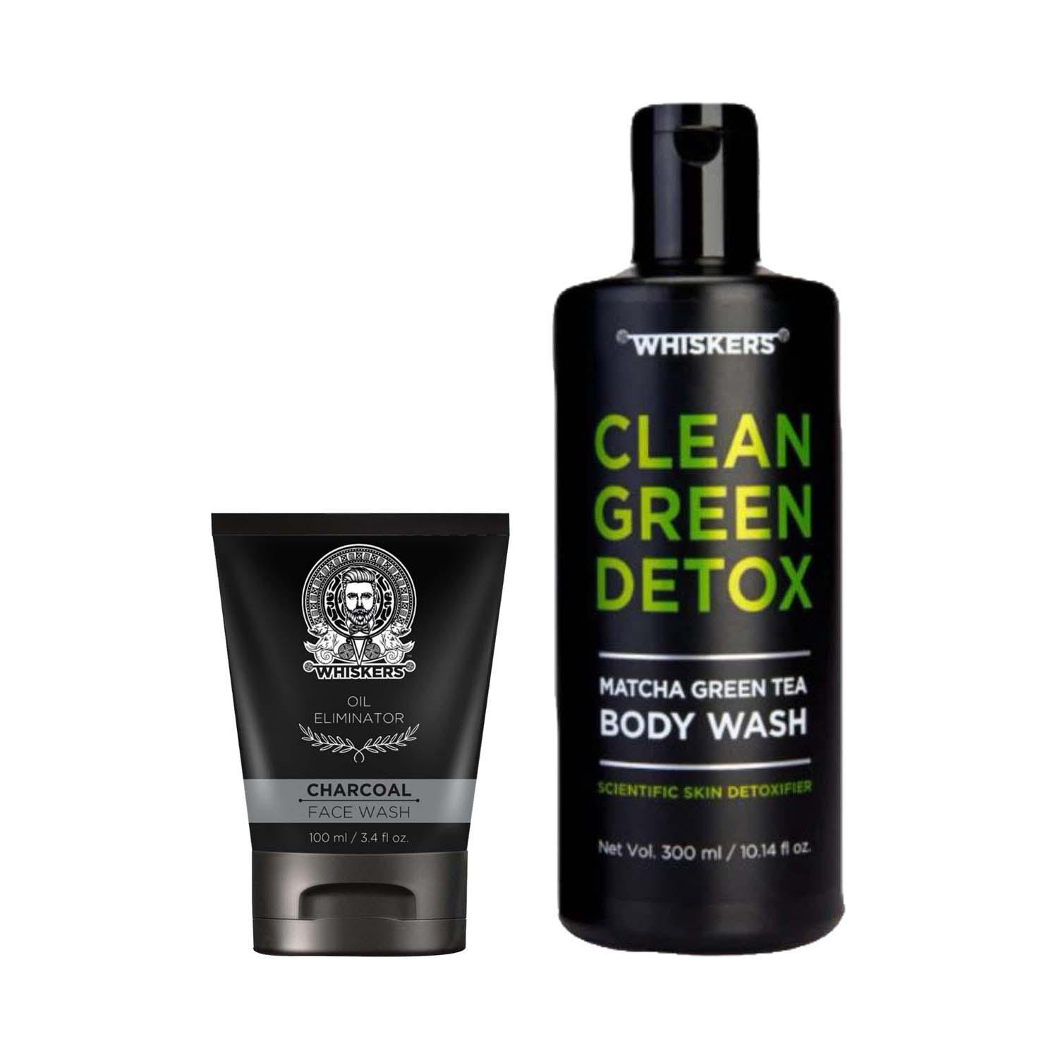 WHISKERS | WHISKERS Matcha Green Tea Body Wash For Men (300 ml) & Charcoal Face Wash For Men (100 ml) Combo
