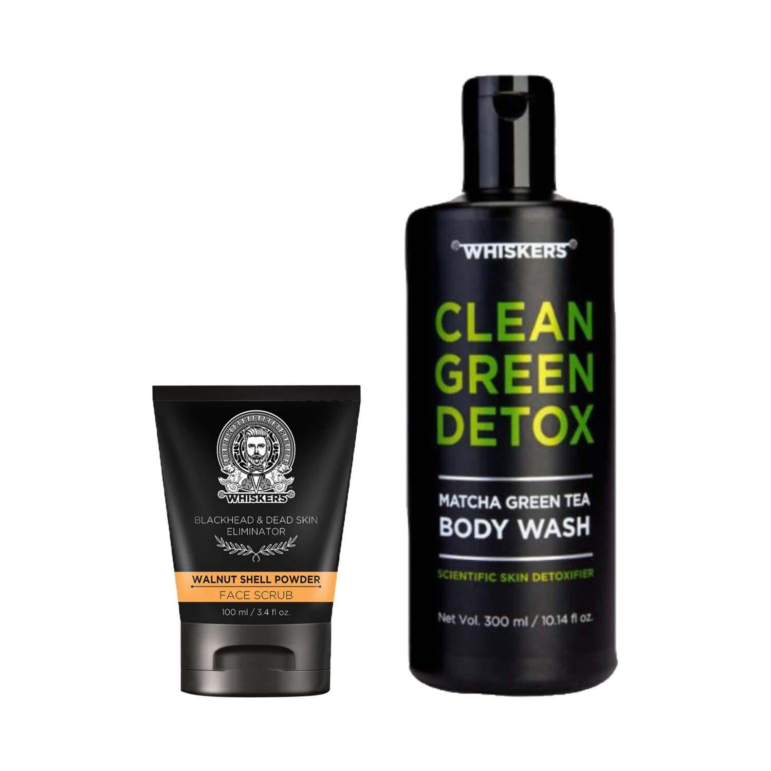 WHISKERS | WHISKERS Matcha Green Tea Body Wash (300 ml) & Walnut Shell Powder Face Scrub For Men (100 ml) Combo