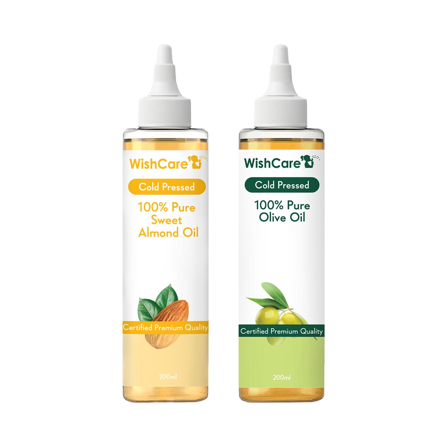 WishCare | WishCare 100% Pure Cold Pressed Olive Oil & Sweet Almond Oil Combo - (200 ml each)