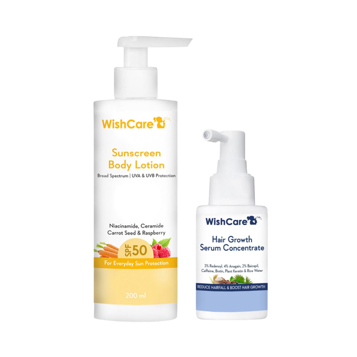 WishCare Hair Growth Serum Concentrate (30 ml) & SPF 50 Sunscreen Body Lotion (200 ml) Combo