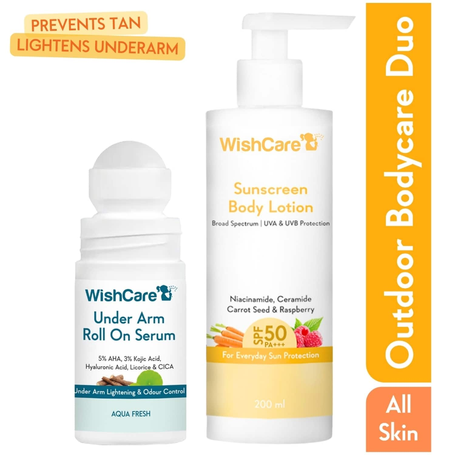 WishCare | WishCare Sunscreen Body Lotion SPF 50 PA+++ (200 ml) + Aqua Fresh Underarm Roll On Serum (50 ml)