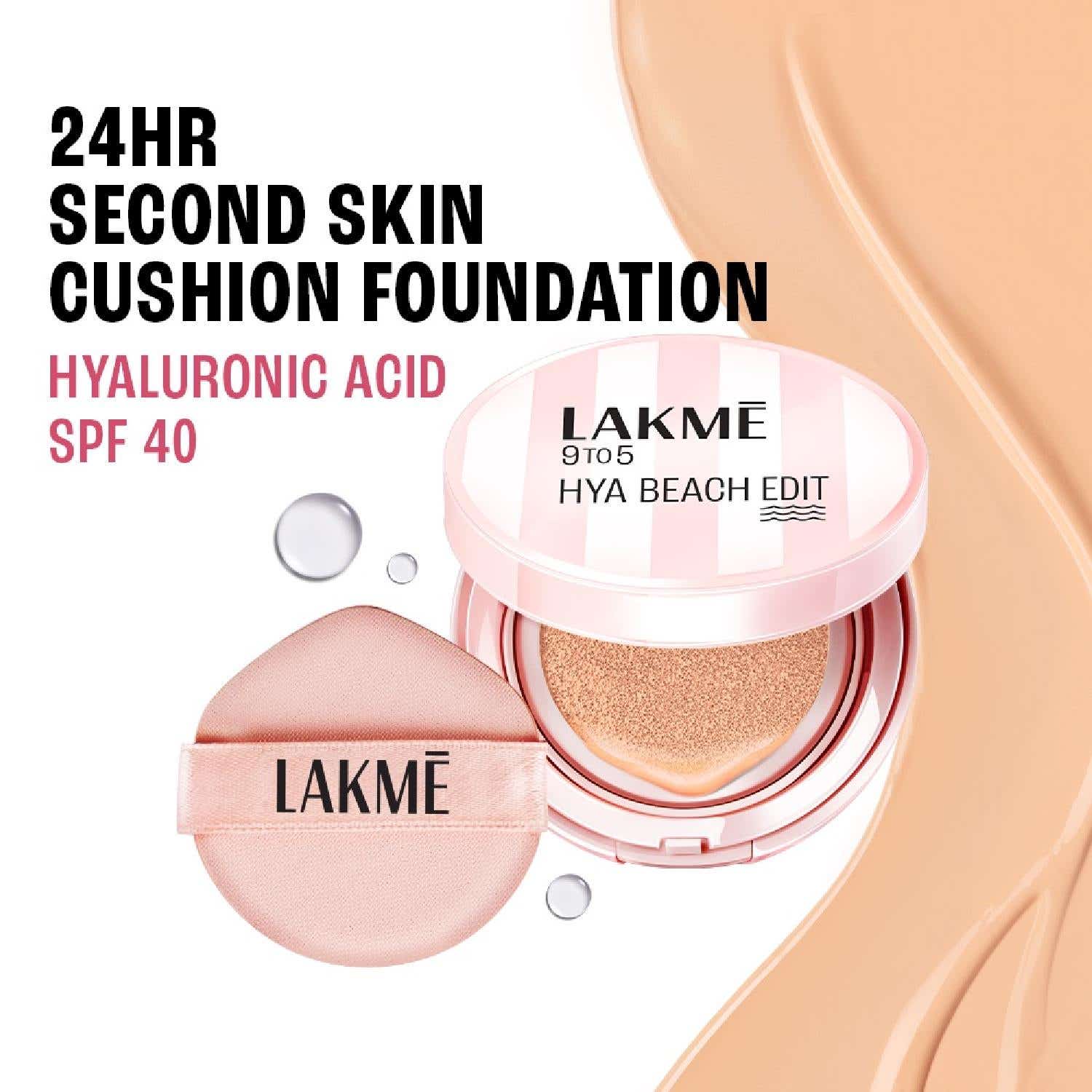 Lakme | Lakme 9to5 Hya Beach Edit Cushion Foundation, SPF40, Full Matte Coverage, C 100 - Cool Ivory (12 g)