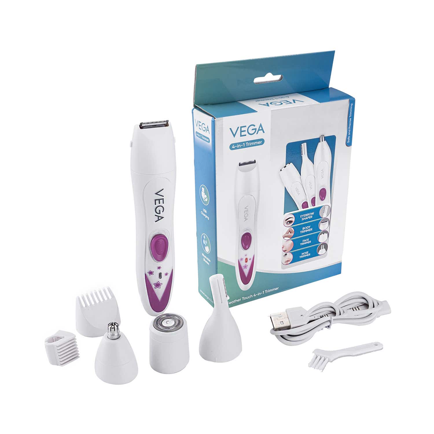 Vega | Vega Feather Touch 4-in-1 Multi Trimmer, Face, Leg, Eyebrow, Bikini Hair Remover (VHBT-03)