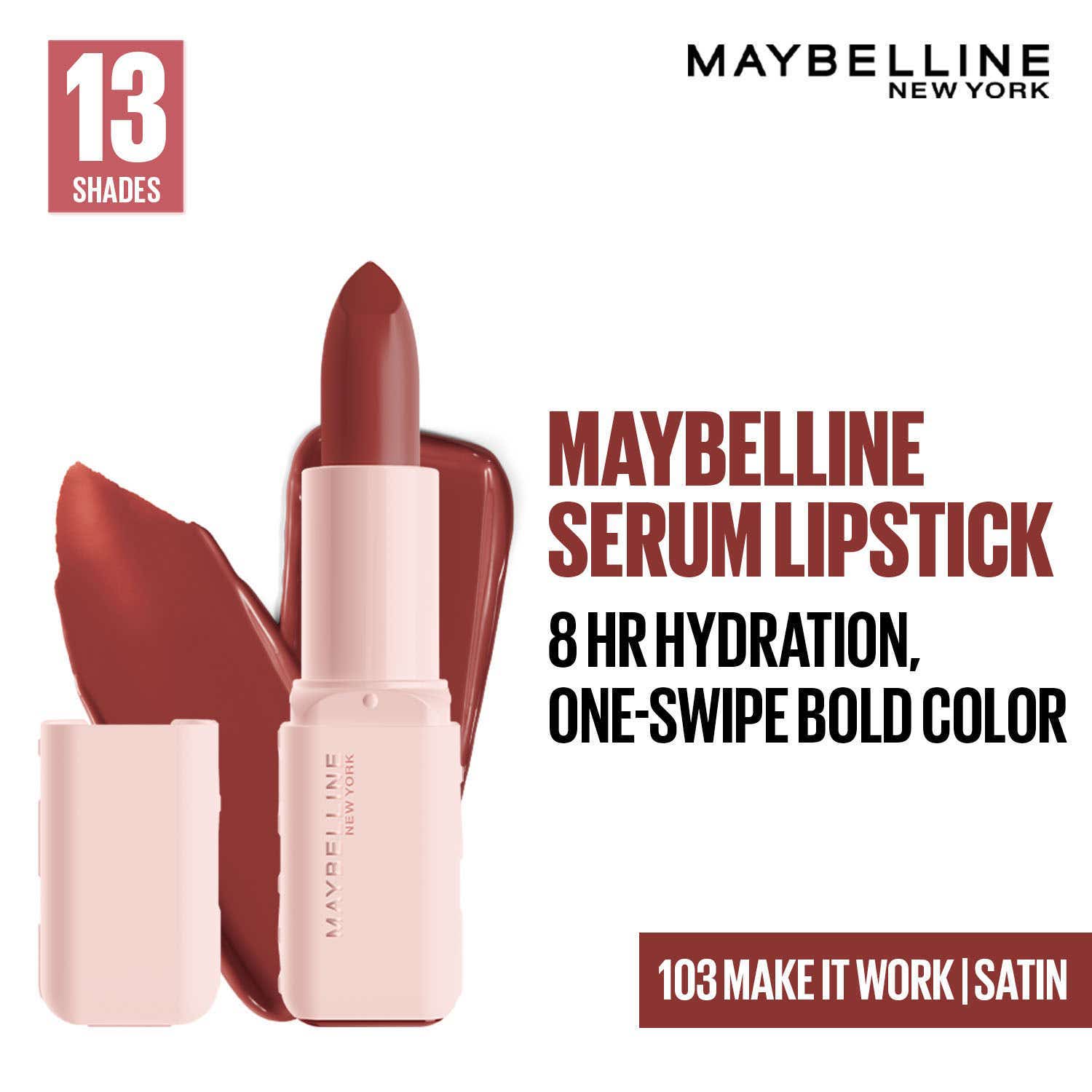 Maybelline New York | Maybelline Serum Lipstick (Satin) 8Hr Hydration + One-Swipe Bold Color - 103 Make it Work (4.2 g)