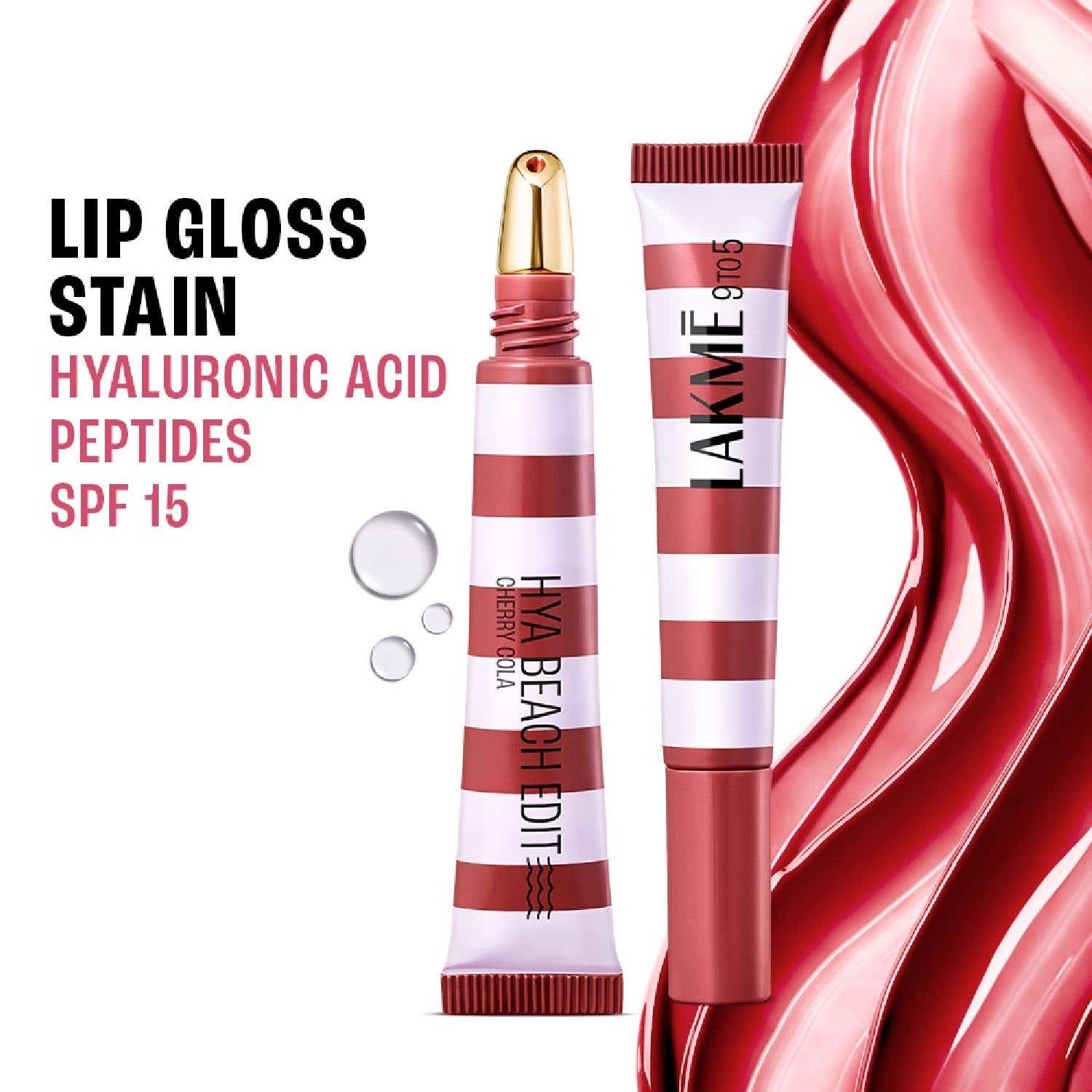 Lakme | Lakme 9to5 Hya Beach Edit Lip Gloss Stain, Hydrating, Long Lasting, SPF 15 - 5 Cherry Cola, (10 ml)