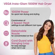 Vega Insta Glam Foldable 1000 Watts Hair Dryer with 2 Heat-Speed Settings, Made in India (VHDH-20)