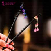 Majestique Wooden Hair Sticks with Pink and Blue Charms (2 pcs)