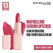 Maybelline New York Serum Lipstick (Satin) 8Hr Hydration + one-swipe bold color - 108 Fit Check (4.3g)