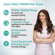 Vega Insta Glam Foldable 1000 Watts Hair Dryer with 2 Heat-Speed Settings, Made in India (VHDH-20N)
