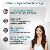 VEGA U Style 1400-1600W Foldable Hair Dryer with Cool Shot 2 Speed/Heat Settings (VHDH-24)