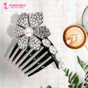 Majestique Rhinestone Flower Juda Hair Comb - Black