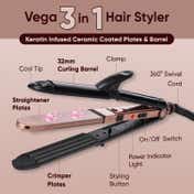 Vega 3 in 1 Keratin Hair Styler- Straightener, Curler & Crimper, Curl & Crimp in Few Min (VHSCC-03)