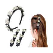 Majestique Double Layer Twist Plait Headband with Pearl Flower Alligator Clips (3 pcs)