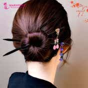 Majestique Wooden Hair Sticks with Pink and Blue Charms (2 pcs)