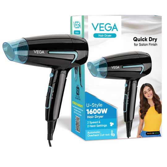 Vega U Style 1400-1600W Foldable Hair Dryer with Cool Shot Button, 2 Speed/Heat Settings (VHDH-24)