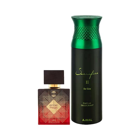 AJMAL Amber Magic Eau De Parfum Spicy Aromatic Perfume And Sacrifice II Deodorant Fruity Aromatic Fragrance - (2Pcs)