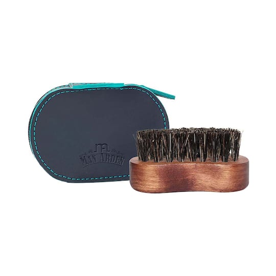 Man Arden 100% Boar Bristle Beard Brush With Hand Crafted Premium Wood Handle With Premium Faux Leather Pouch - Brown
