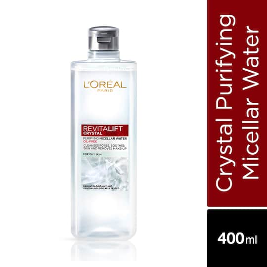 L'Oreal Paris Revitalift Crystal Purifying Micellar Water With Oil-Free Technology, 400ml | Cleanses pores & removes makeup