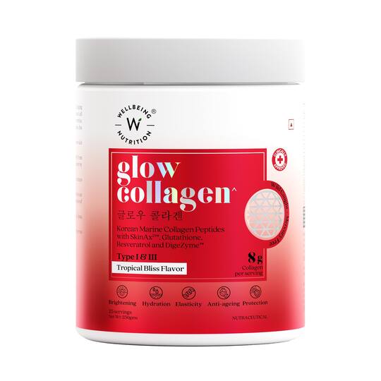 Wellbeing Nutrition Glow Pure Marine Collagen with Glutathione Supplements, Resveratrol, Bromelain & Goji Berry- Tropical Bliss Flavor (250 g)