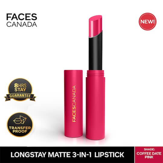 Faces Canada Long Stay 3-in-1 Matte Lipstick - Coffee Date Pink 02, 8HR Stay, Primer-Infused (2 g)