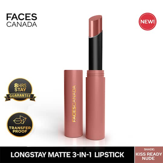 Faces Canada Long Stay 3-in-1 Matte Lipstick - Kiss Ready Nude 03, 8HR Stay, Primer-Infused (2 g)