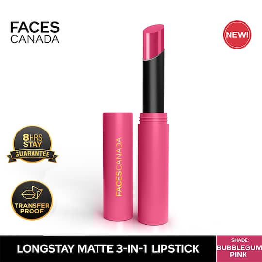 Faces Canada Long Stay 3-in-1 Matte Lipstick - Bubblegum Pink 04, 8HR Stay, Primer-Infused (2 g)