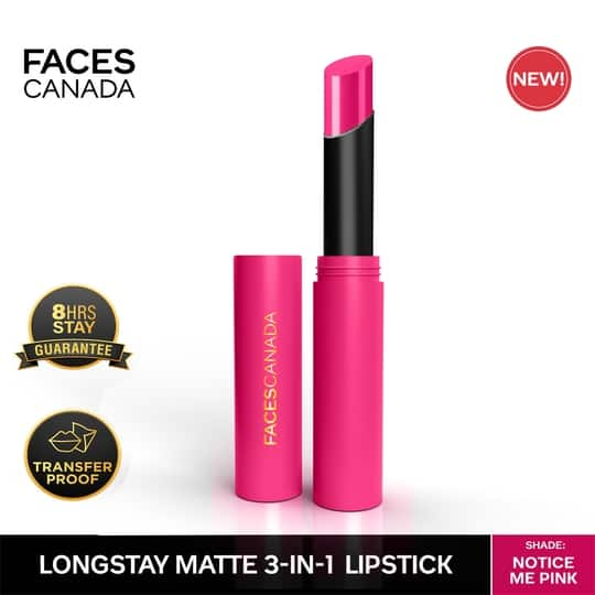 Faces Canada Long Stay 3-in-1 Matte Lipstick - Notice Me Pink 06, 8HR Stay, Primer-Infused (2 g)