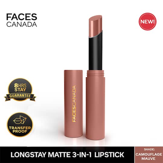 Faces Canada Long Stay 3-in-1 Matte Lipstick - Camouflage Mauve 07, 8HR Stay, Primer-Infused (2 g)