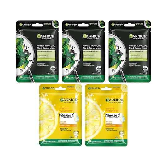 Garnier Skin Naturals Charcoal And Bright Complete Sheet Mask Combo - (5 Pcs)