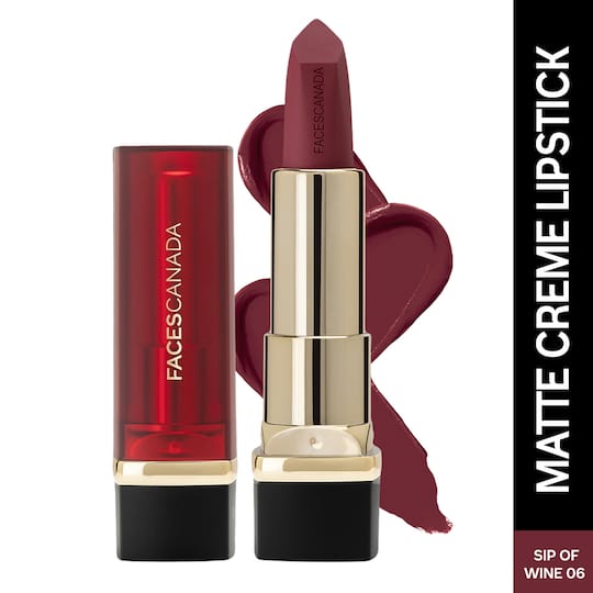 Faces Canada Comfy Matte Crème Lipstick, 8HR Long Stay, Intense Color - Sip Of Wine 06 (4.2 g)