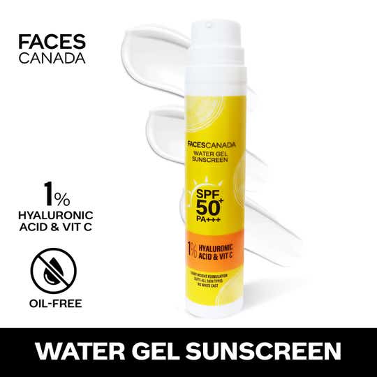 Faces Canada Water Gel Sunscreen, SPF 50 PA+++, 1% Hyaluronic Acid & Vitamin C, No White Cast (50 g)