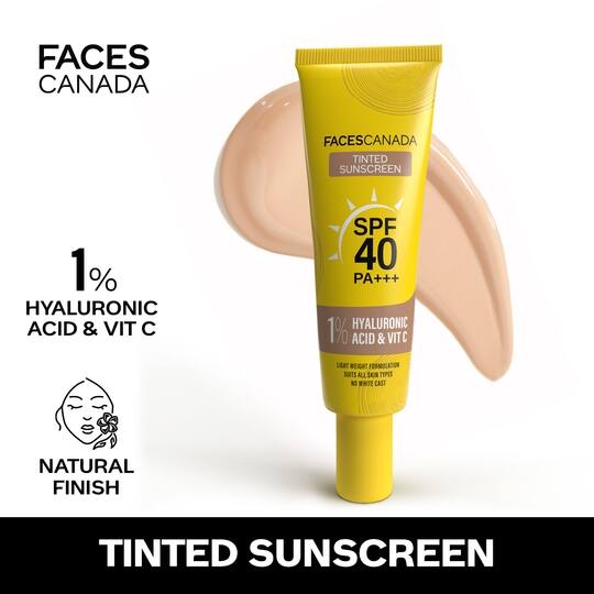 Faces Canada Tinted Sunscreen, SPF 40 PA+++, 1% Hyaluronic Acid & Vitamin C, No White Cast (30 g)