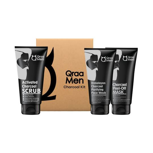 Qraa Men Charcoal Kit with Charcoal Scrub Charcoal Face Wash & Charcoal Peel-Off Mask (3 pcs)