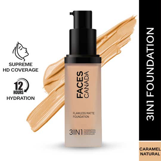 Faces Canada Flawless Matte Foundation - Caramel Natural 023, 12 HR Hydration + SPF 18 (30 ml)
