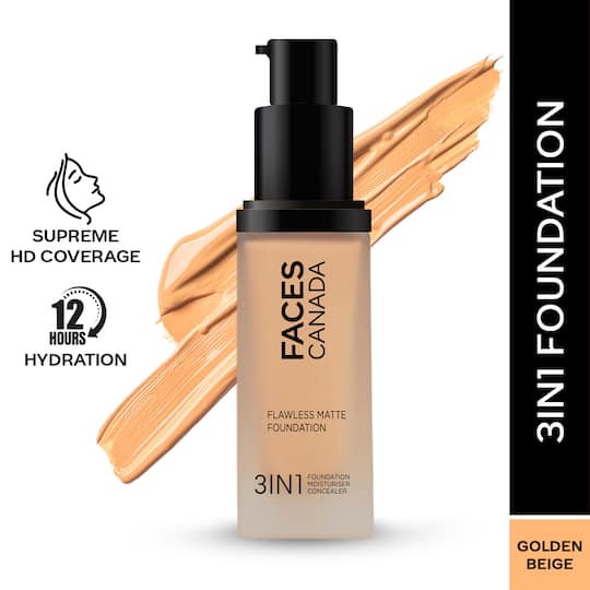 Faces Canada Flawless Matte Foundation - Golden Beige 032, 12 HR Hydration + SPF 18 (30 ml)