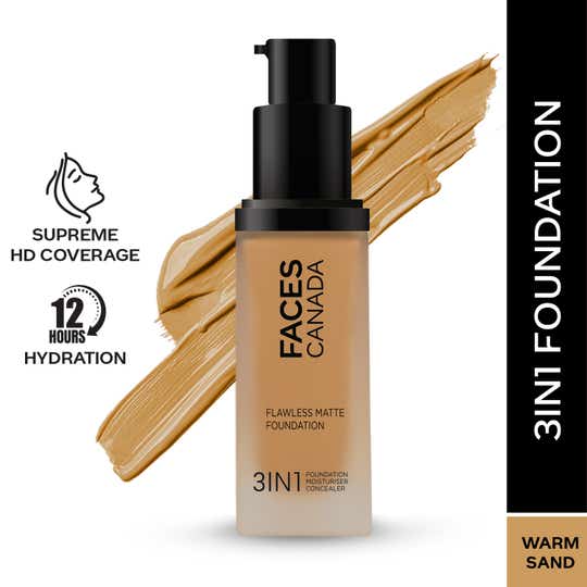 Faces Canada Flawless Matte Foundation - Warm Sand 042, 12 HR Hydration + SPF 18 (30 ml)