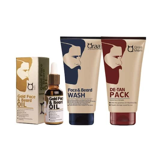 Qraamen Gold Face & Beard Oil + Face & Beard Wash + De-Tan Pack Combo (3 pcs)