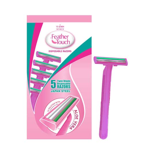 VI-JOHN Feather Touch Twin Blade Shaving Razors with Lubricating Aloe Vera Strip - Pink (5 Pcs)