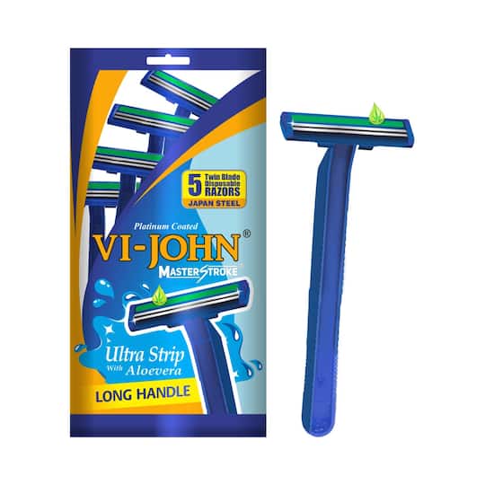 VI-JOHN Master Stroke Ultra Strip Twin Blade Disposable Razor with Aloe Vera For Men - Blue (5Pcs)
