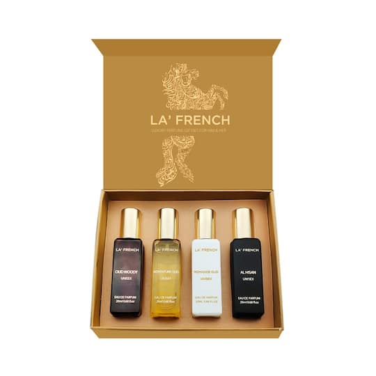 LA' French Adventure Oud, Romance Oud, Al Hisan, Oud Woody Luxury Perfume Gift Set For Unisex (4Pcs)