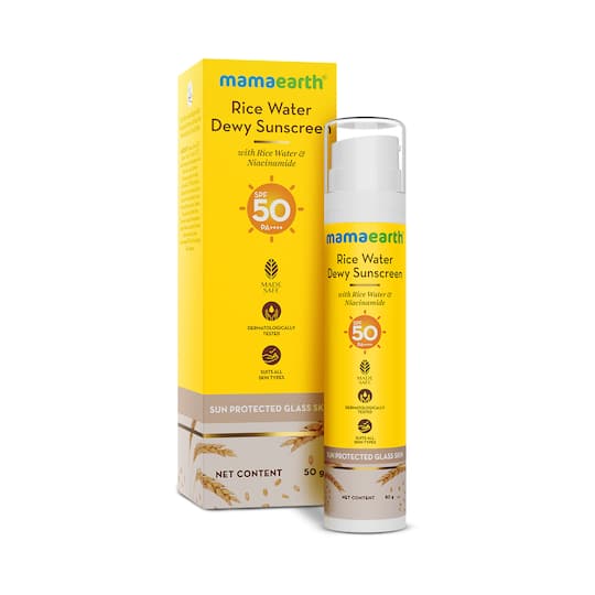 Mamaearth Rice Water Dewy Sunscreen with Rice Water & Niacinamide & Tan Protection SPF 50 PA++++ (50g)