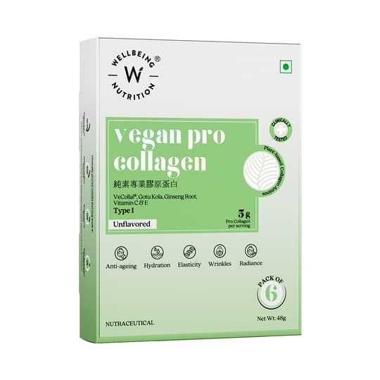 Wellbeing Nutrition Vegan Pro Collagen, Peptides Gotu kola, Ginseng, Vitamin C & E - Unflavored 6 Sachets