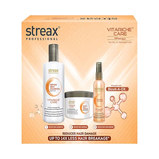 Streax Professional Vitariche Repair Max Post Care Shampoo + Masque + Serum Combo Kit (3 pcs)