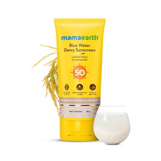 Mamaearth Rice Water Dewy Sunscreen with Rice Water & Niacinamide & Tan Protection SPF 50 PA++++ (80g)