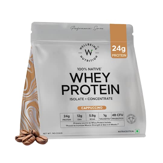 Wellbeing Nutrition Whey Protein Isolate and Concentrate 24g Protein Probiotics Cappuccino (1 kg)