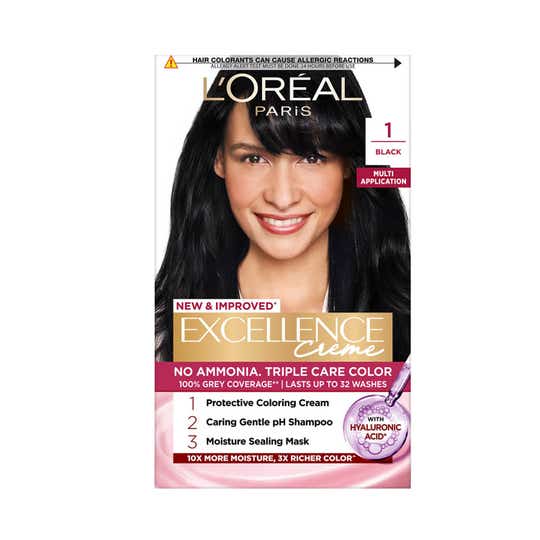 LOreal Paris New Excellence Creme Hair Color With Hyaluronic Acid, 1 Black, (100gm + 72ml)