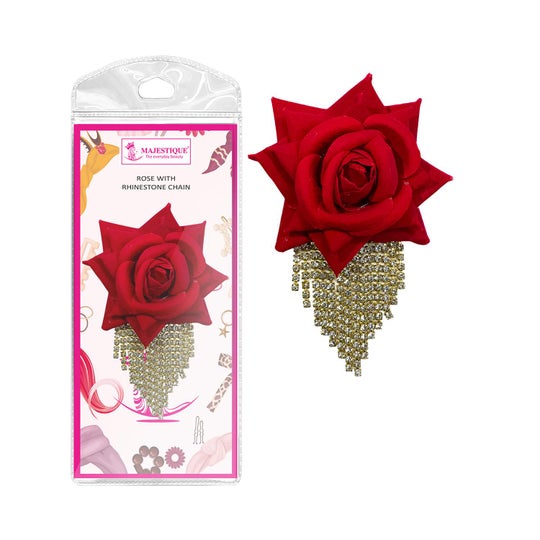 Majestique Red Rose Hair Clip with Golden Stone Tassels -Red