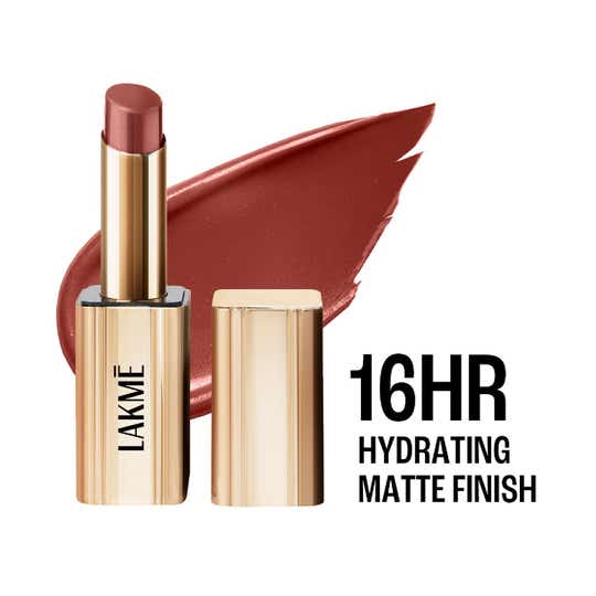 Lakme Bejewel 3D Matte Slim Bullet Lipstick with Vitamin E for Hydrated Lips - Nude Pop (3.4 g)