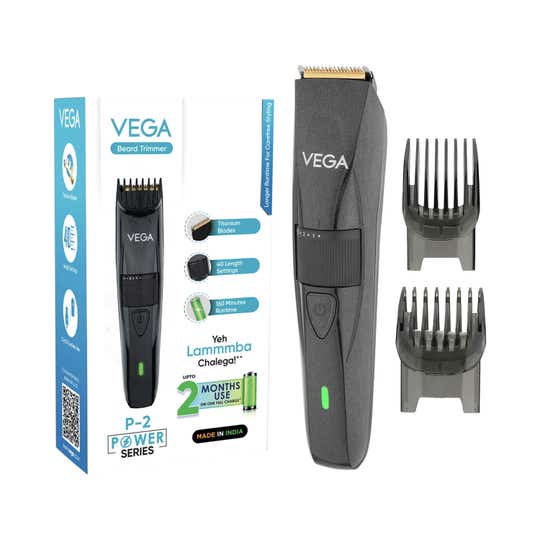 Vega P-2 Beard Trimmer for Men with 160 Min Runtime, 2 Comb Attachment, Type-C Fast Charging (VHTH-26)